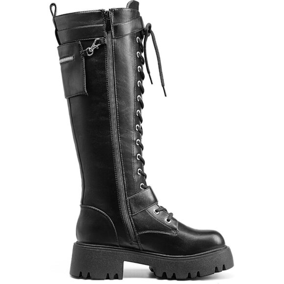 Women's Leather Black Combat Platform Knee High Lace Up Boots Motorcycle Boots - Picture 4 of 9